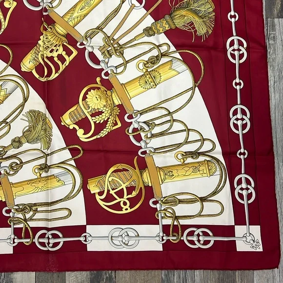 HERMESCliquetis Carre 90 Silk 100% Scarf white burgundy gold 35”:35”